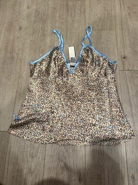 Classic Satin-Trim Leopard Print Slip tank slit ribbon Blue and Brown y2k